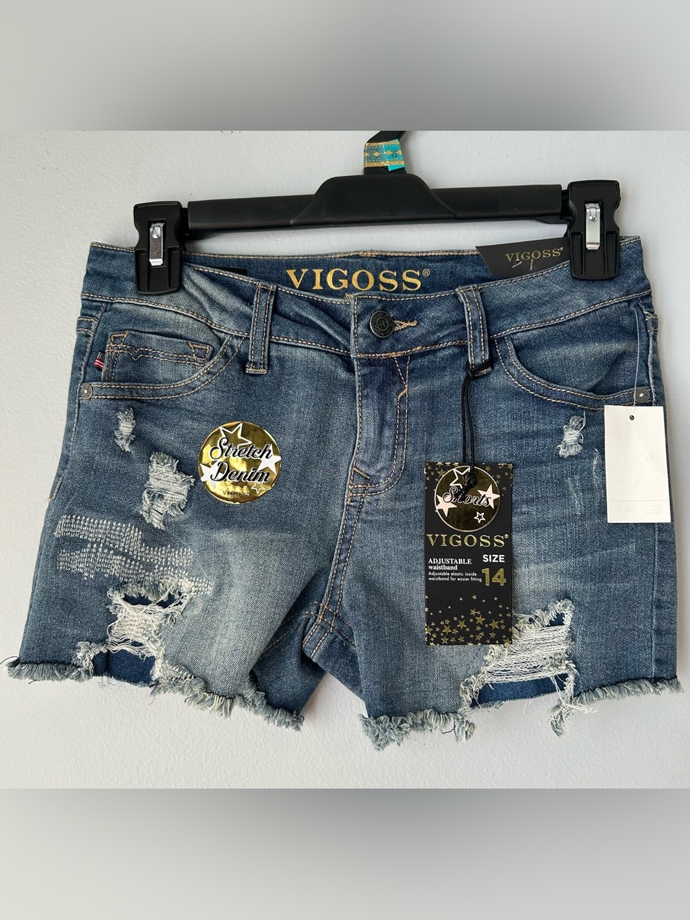 Vigoss sz14 Chelsea short Distressed Dark Blue Stretch Jean Shorts w/ Frayed Hem